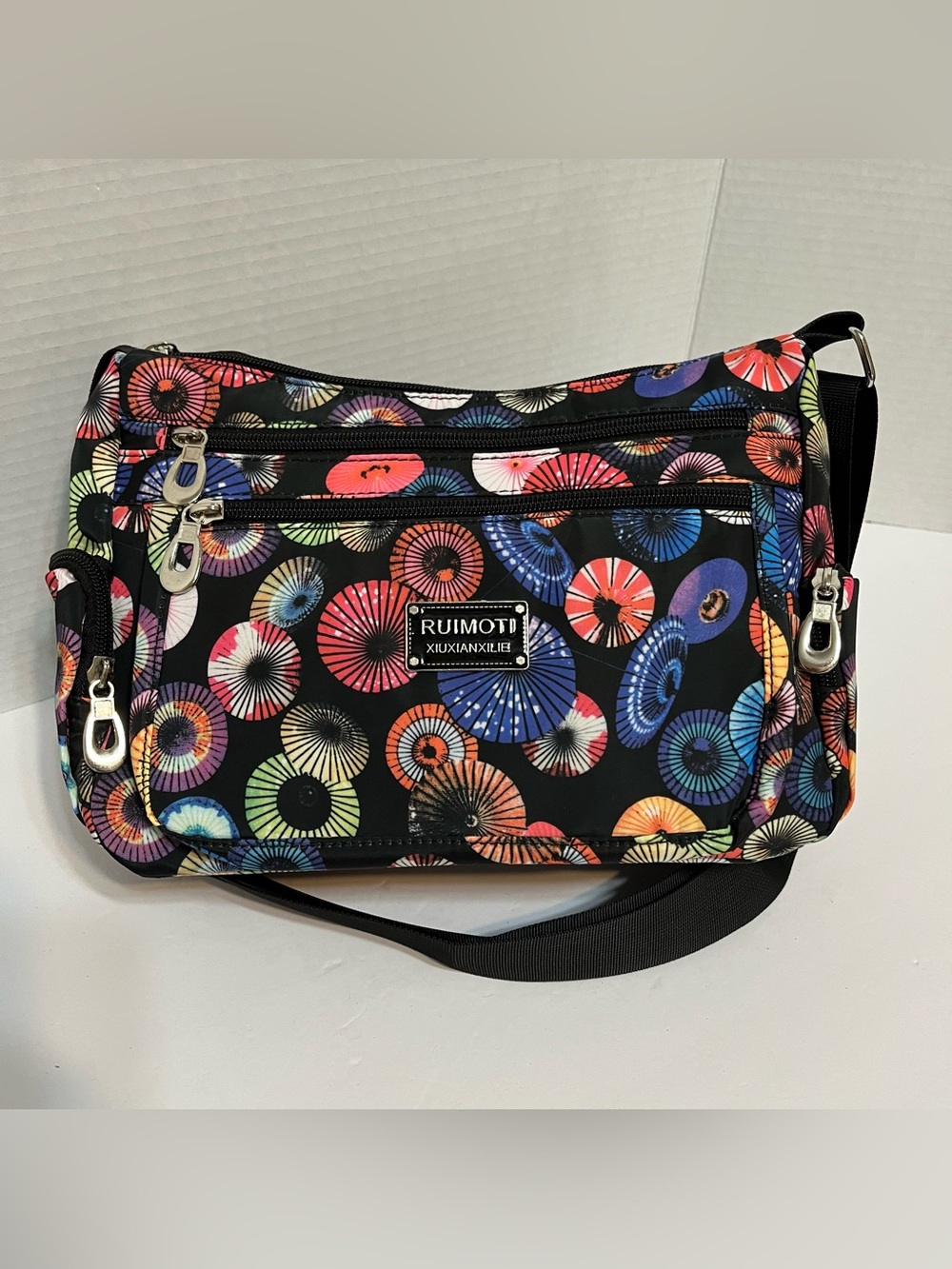 Multicolor Umbrella-Print Crossbody Messenger Bag in Black